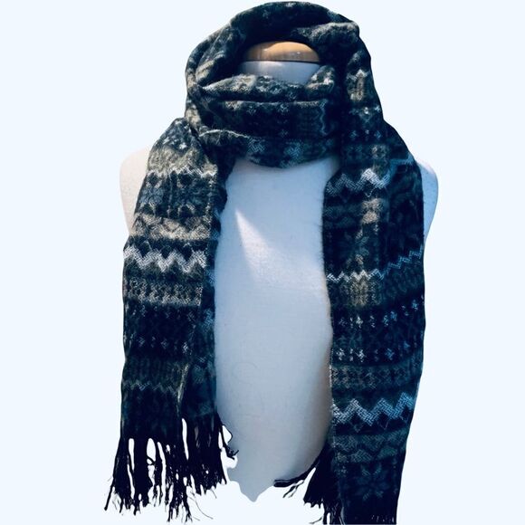 Very Soft Black Blue White & Tan Scarf 11 x 62“ Without 3” Fringe - Picture 4 of 5